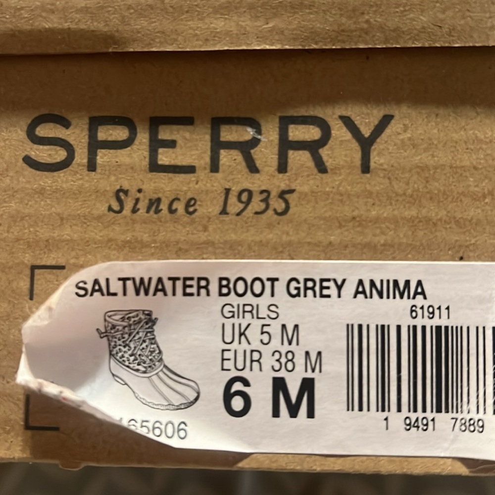 Sperry Kids Saltwater Boot Grey Leopard Silver Duck Boot Big Girls Size 6 NEW - Picture 9 of 9